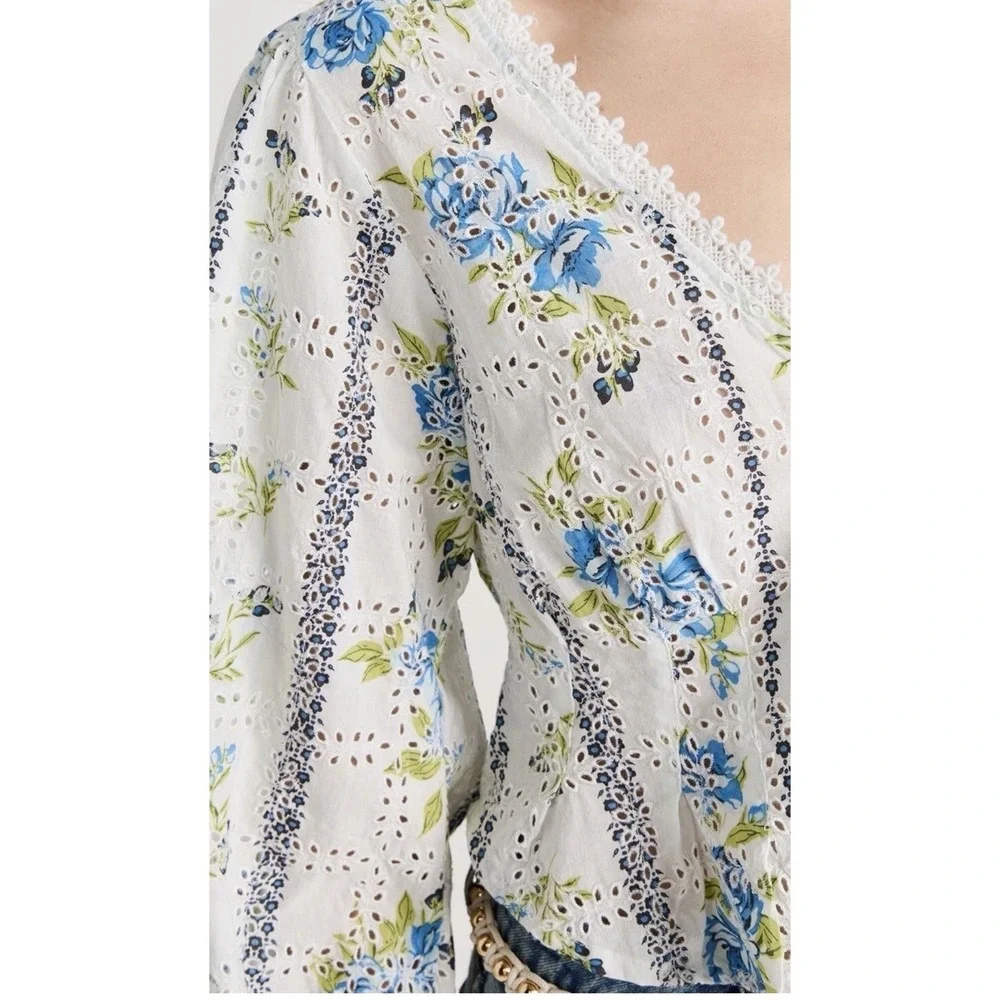 Free People Floral Printed Blossom Eyelet Blouse‎ Smocked White Combo Sz Small